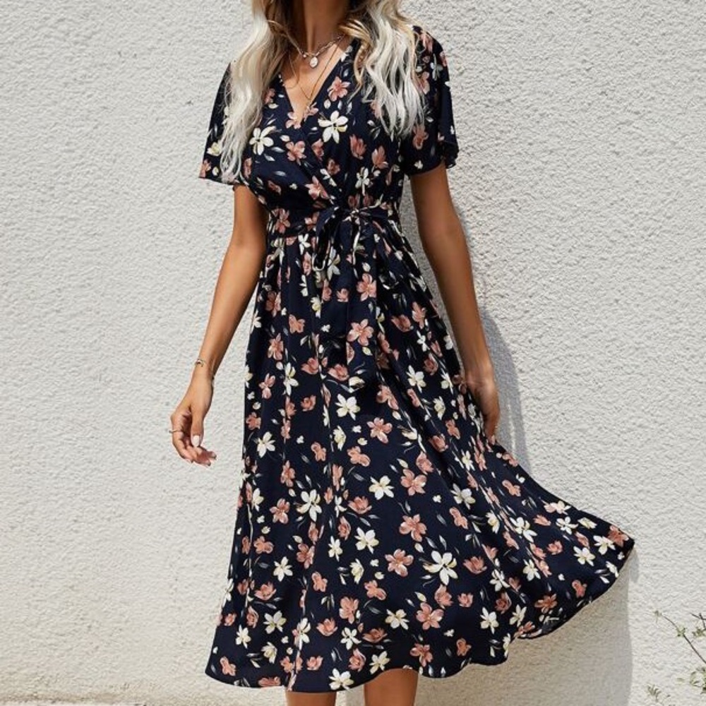 Blue Floral V-Neck Dress